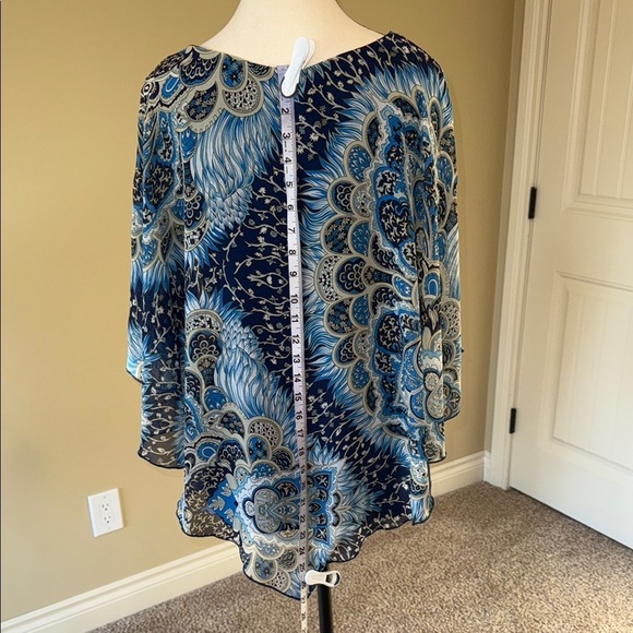 Initiatives Blue and Black Asymmetrical Poncho Sleeve Boho Blouse - Picture 7 of 11